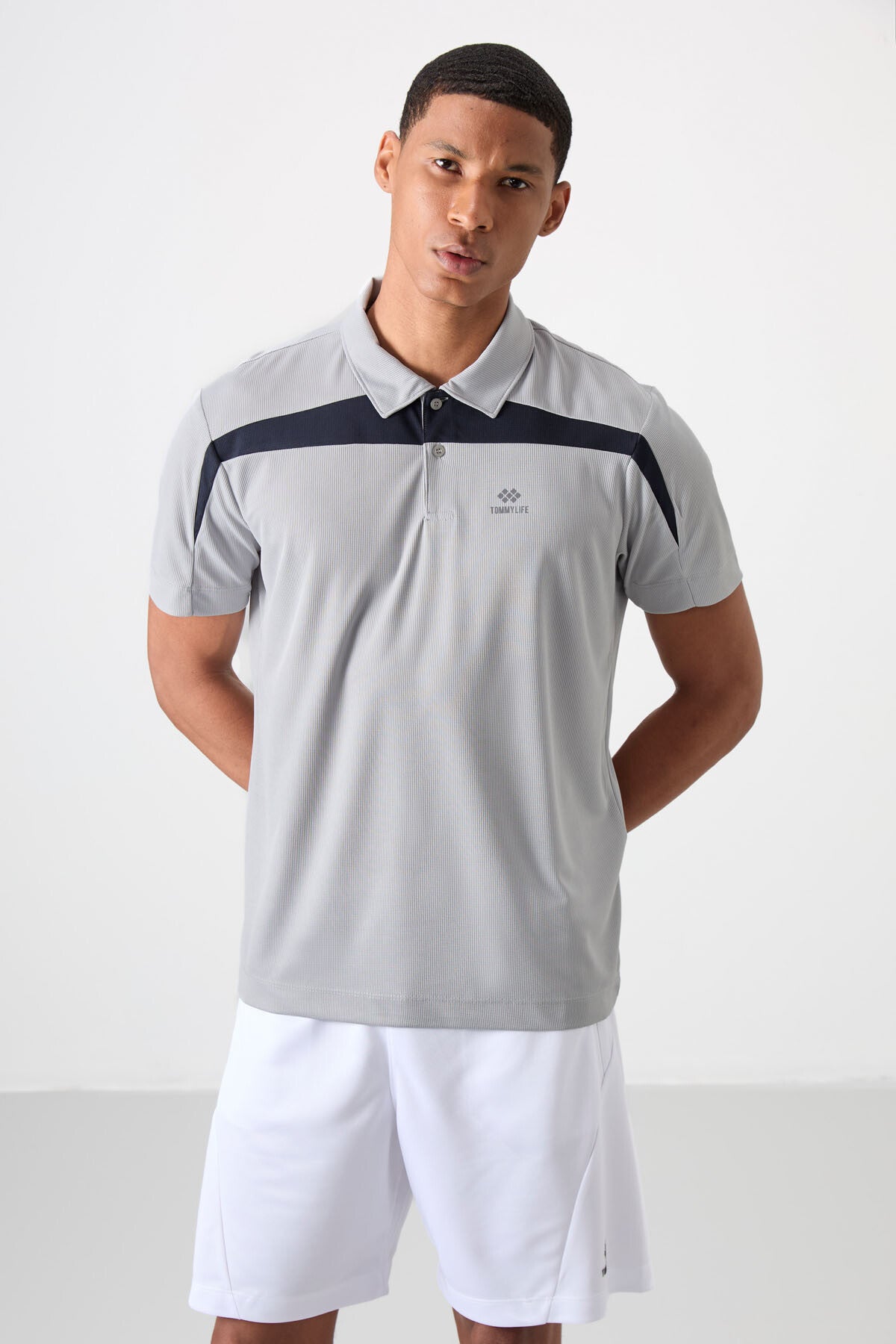 Breathable Textured Thin Flexible Standard Fit Polo Collar Men's Performance T-Shirt - 88392