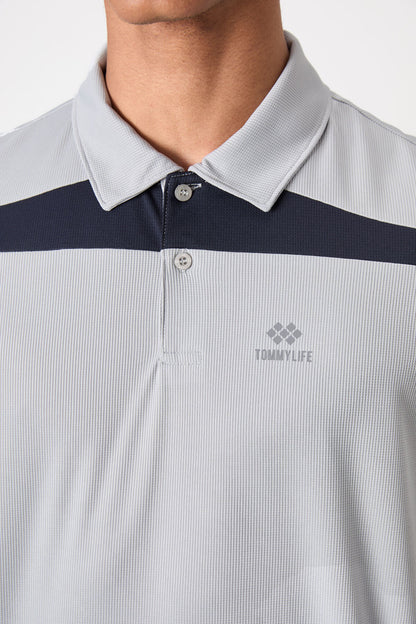 Breathable Textured Thin Flexible Standard Fit Polo Collar Men's Performance T-Shirt - 88392