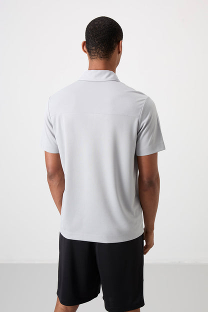 Breathable Textured Thin Flexible Standard Fit Polo Collar Men's Performance T-Shirt - 88402