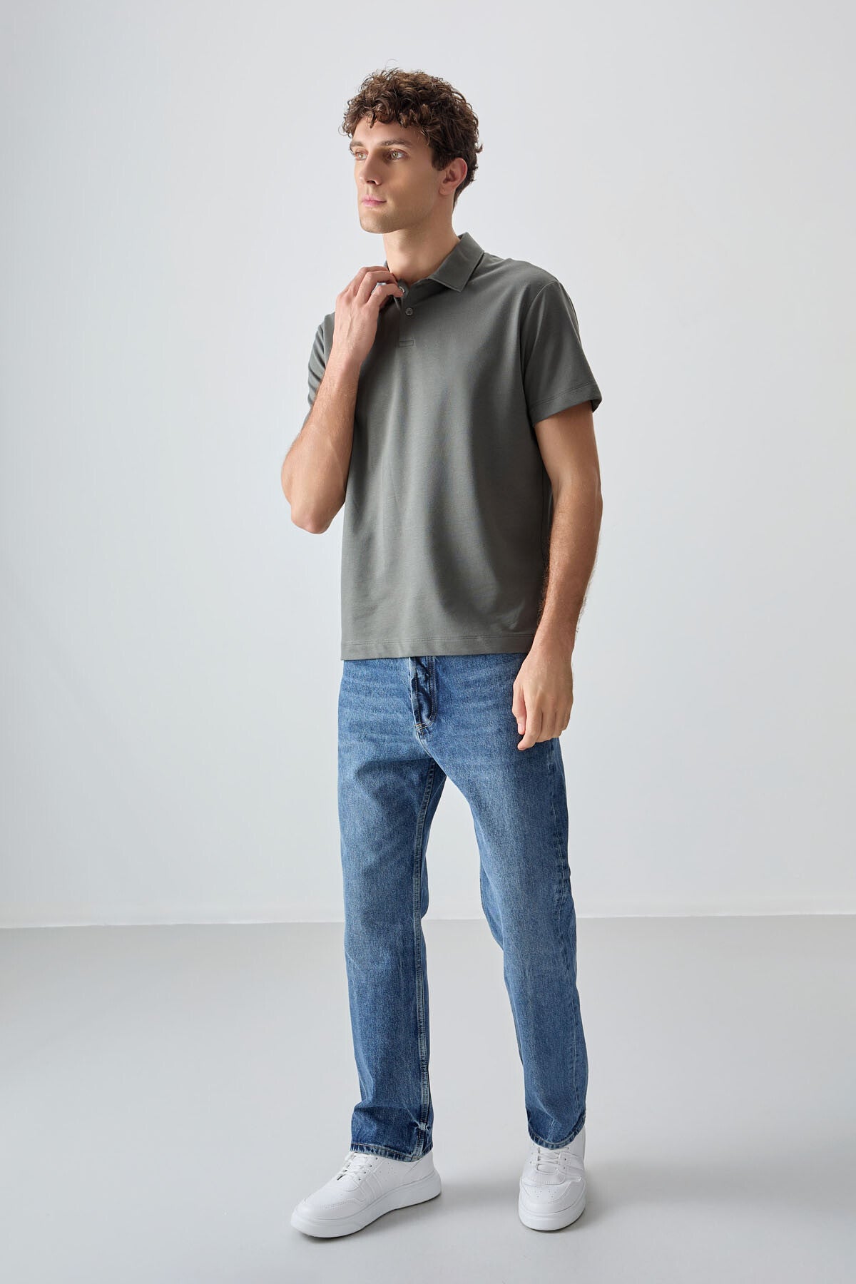 Cotton Right Thick Soft Textured Polo Collar Oversize Fit Basic Men's T-Shirt - 88381