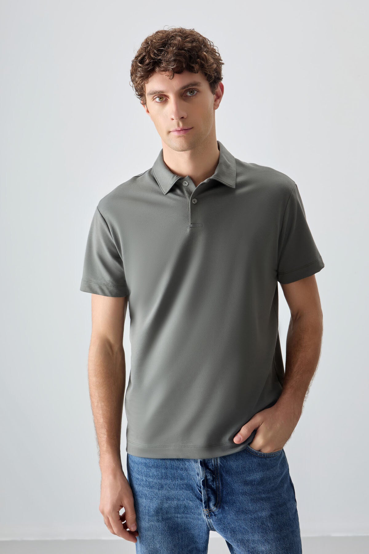 Cotton Right Thick Soft Textured Polo Collar Oversize Fit Basic Men's T-Shirt - 88381