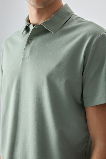 Light green cotton thick soft woven polo collar oversize fit basic men t-shirt - 88381