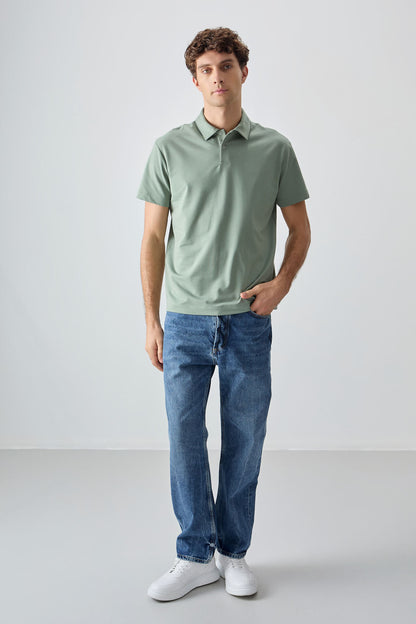 Light green cotton thick soft woven polo collar oversize fit basic men t-shirt - 88381