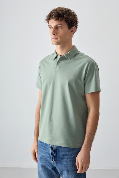 Light green cotton thick soft woven polo collar oversize fit basic men t-shirt - 88381