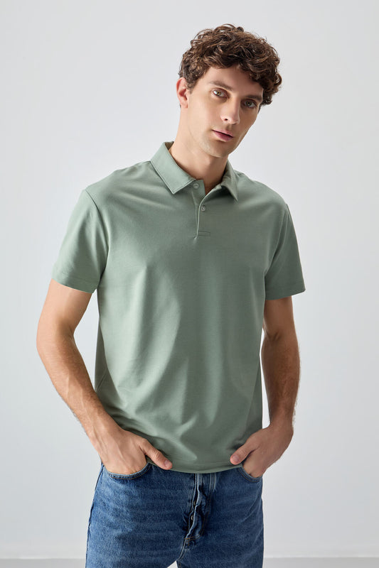 Light green cotton thick soft woven polo collar oversize fit basic men t-shirt - 88381