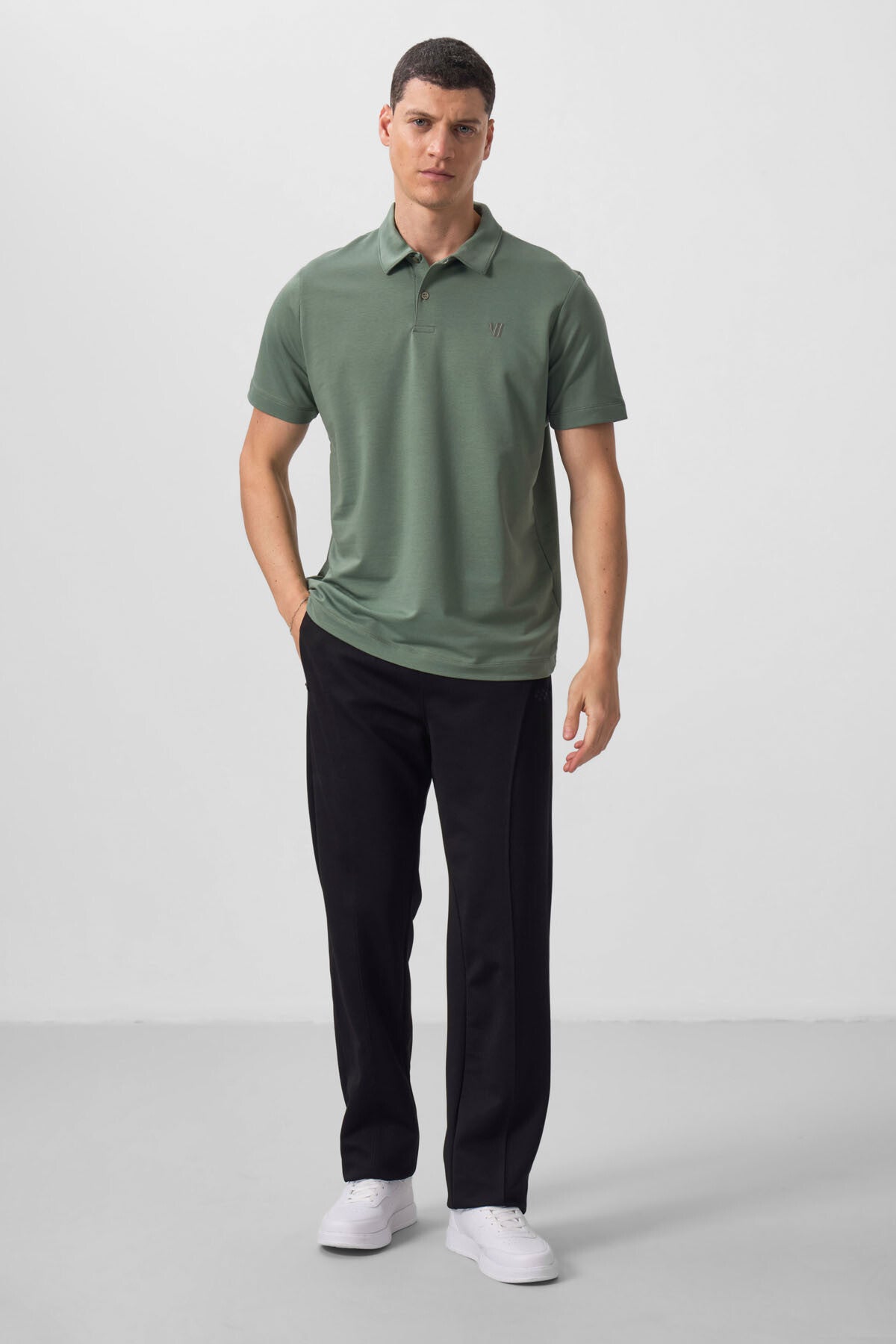 Light Green Basic Chest Logo Standard Fit Knitted Polo Collar Men's T-Shirt - 87768