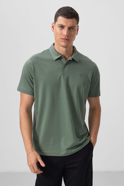 Light Green Basic Chest Logo Standard Fit Knitted Polo Collar Men's T-Shirt - 87768
