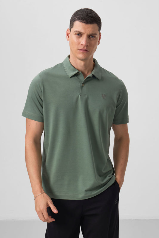 Light Green Basic Chest Logo Standard Fit Knitted Polo Collar Men's T-Shirt - 87768