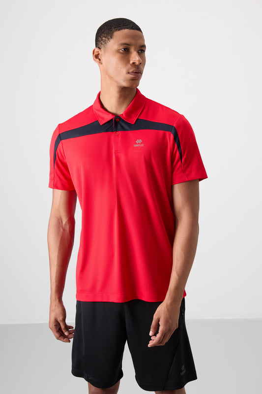Red Polyester Breathable Textured Thin Flexible Standard Fit Polo Collar Men's Performance T-Shirt - 88392
