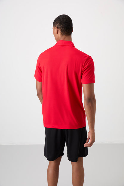 Red Polyester Breathable Textured Thin Flexible Standard Fit Polo Collar Men's Performance T-Shirt - 88392