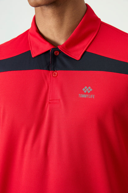 Red Polyester Breathable Textured Thin Flexible Standard Fit Polo Collar Men's Performance T-Shirt - 88392