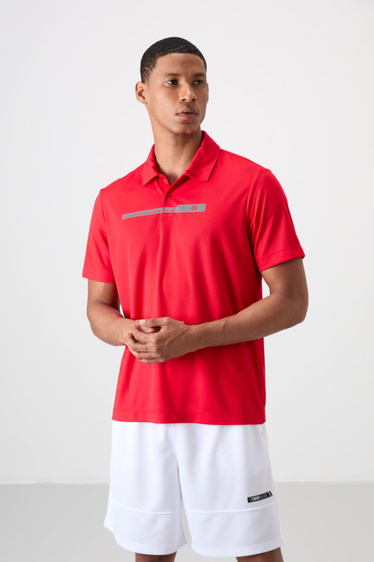 Red Polyester Breathable Textured Thin Flexible Standard Fit Polo Collar Men's Performance T-Shirt - 88393