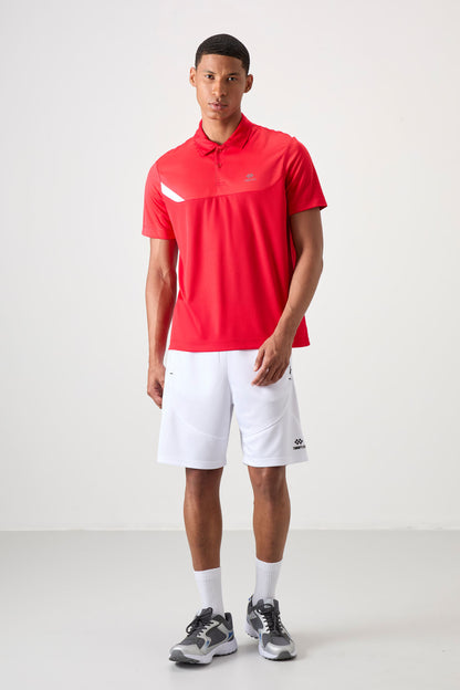 Red Polyester Breathable Textured Thin Flexible Standard Fit Polo Collar Men's Performance T-Shirt - 88402