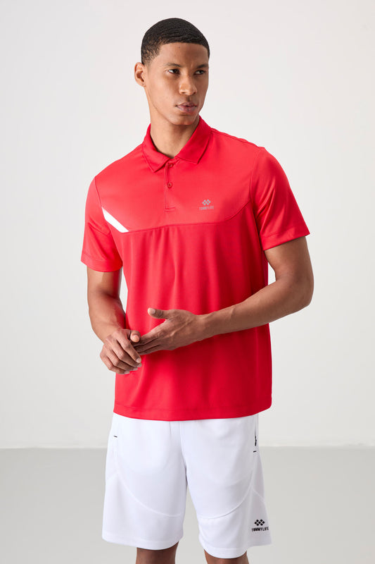 Red Polyester Breathable Textured Thin Flexible Standard Fit Polo Collar Men's Performance T-Shirt - 88402