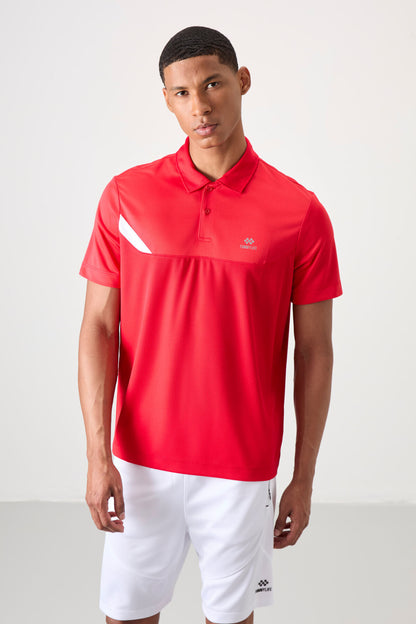 Red Polyester Breathable Textured Thin Flexible Standard Fit Polo Collar Men's Performance T-Shirt - 88402