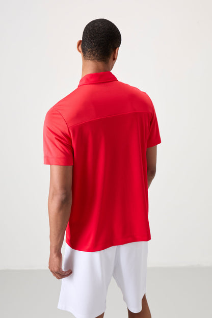 Red Polyester Breathable Textured Thin Flexible Standard Fit Polo Collar Men's Performance T-Shirt - 88402
