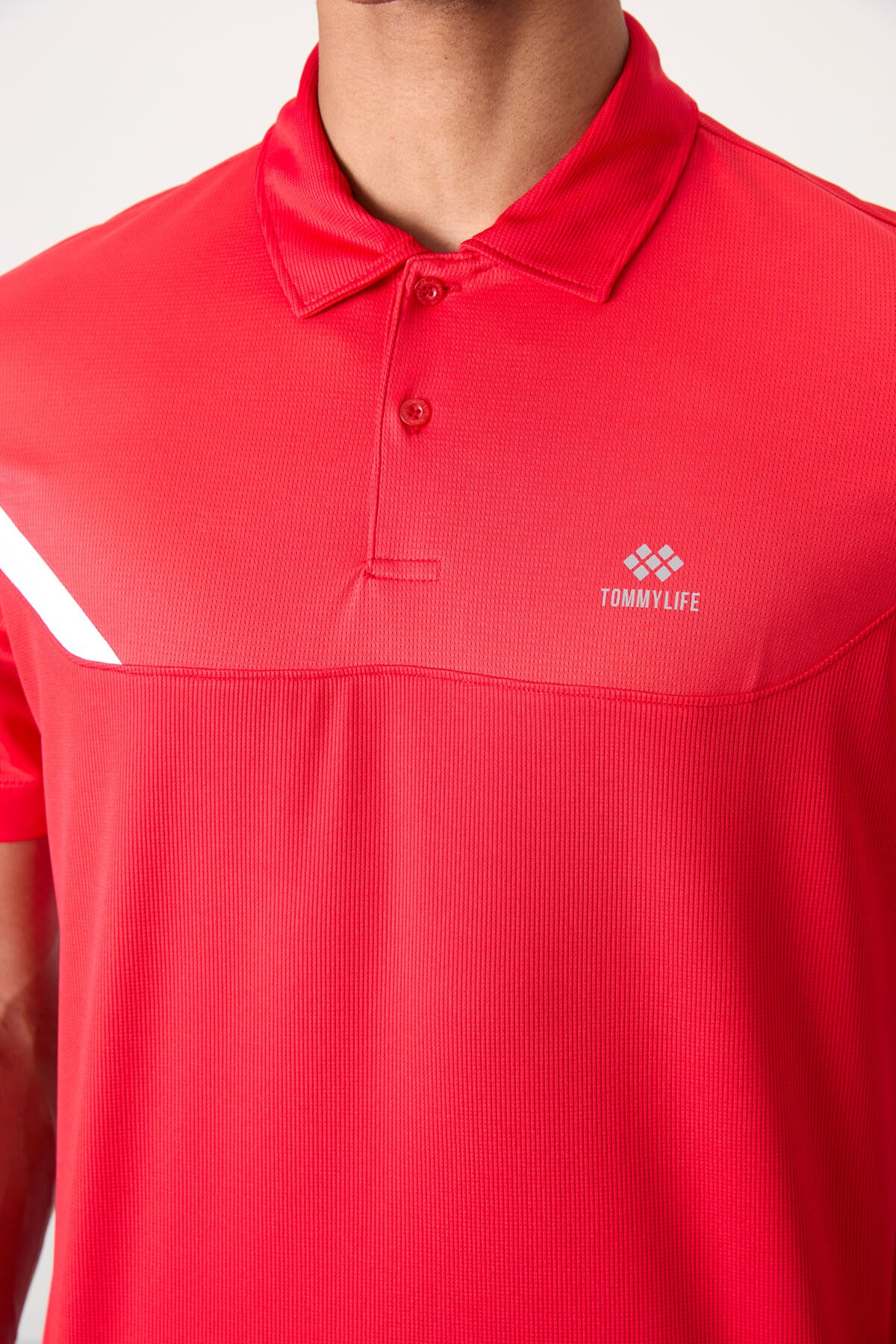 Red Polyester Breathable Textured Thin Flexible Standard Fit Polo Collar Men's Performance T-Shirt - 88402