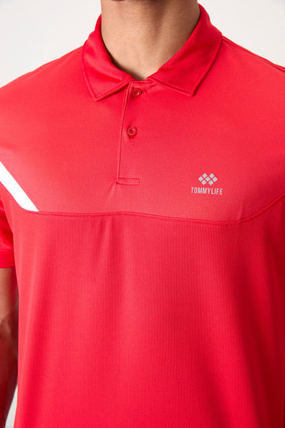 Red Polyester Breathable Textured Thin Flexible Standard Fit Polo Collar Men's Performance T-Shirt - 88402