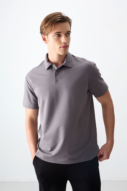Dark Grey Cotton Thick Soft Textured Polo Collar Oversize Fit Basic Men's T-Shirt - 88381