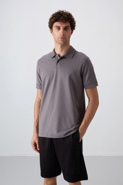 Dark Grey Cotton Thick Soft Textured Standard Fit Basic Polo Collar Men's T-Shirt - 88351