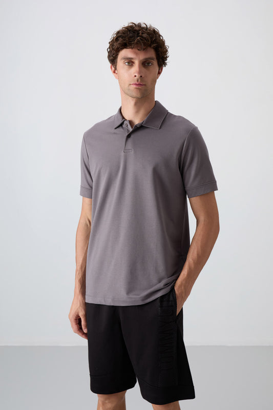 Dark Grey Cotton Thick Soft Textured Standard Fit Basic Polo Collar Men's T-Shirt - 88351