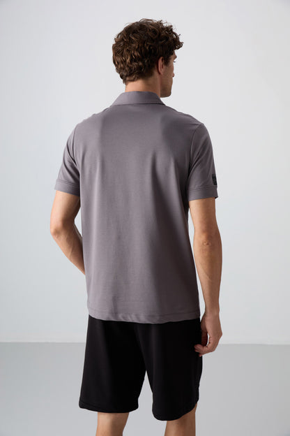 Dark Grey Cotton Thick Soft Textured Standard Fit Basic Polo Collar Men's T-Shirt - 88351