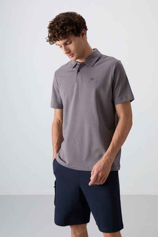 Dark Grey Cotton Thick Soft Textured Standard Fit Basic Polo Collar Men's T-Shirt - 88348