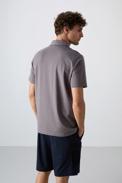 Dark Grey Cotton Thick Soft Textured Standard Fit Basic Polo Collar Men's T-Shirt - 88348