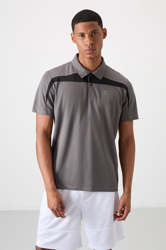 Dark Grey Polyester Breathable Textured Thin Flexible Standard Fit Polo Collar Men's Performance T-Shirt - 88392