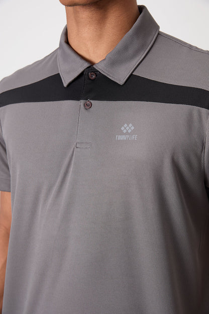 Dark Grey Polyester Breathable Textured Thin Flexible Standard Fit Polo Collar Men's Performance T-Shirt - 88392