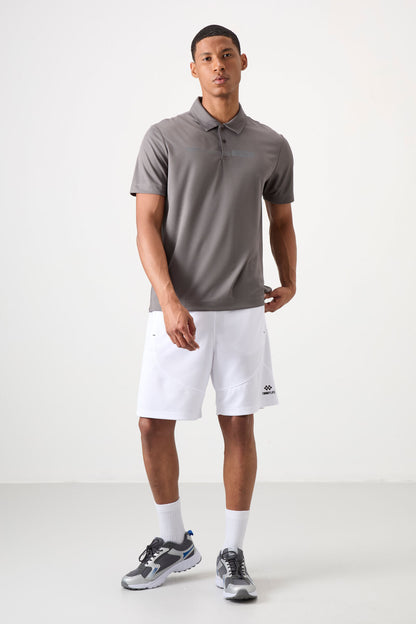 Dark Grey Polyester Breathable Textured Thin Flexible Standard Fit Polo Collar Men's Performance T-Shirt - 88393