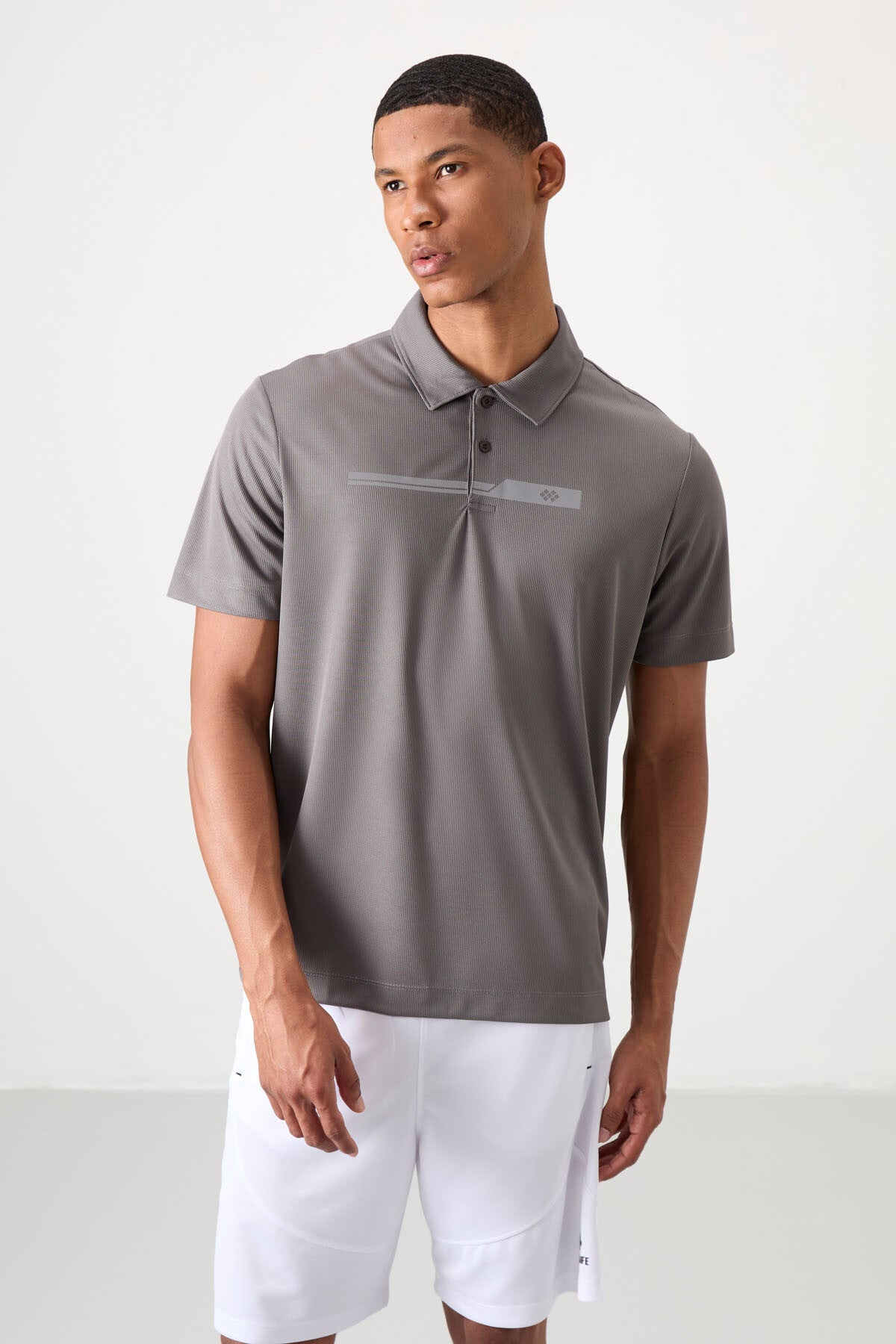 Dark Grey Polyester Breathable Textured Thin Flexible Standard Fit Polo Collar Men's Performance T-Shirt - 88393