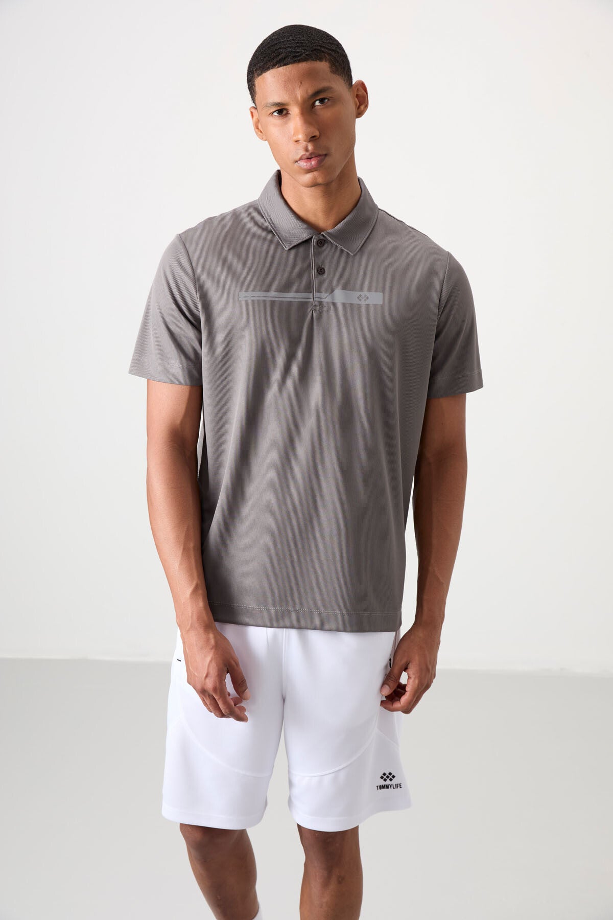 Dark Grey Polyester Breathable Textured Thin Flexible Standard Fit Polo Collar Men's Performance T-Shirt - 88393