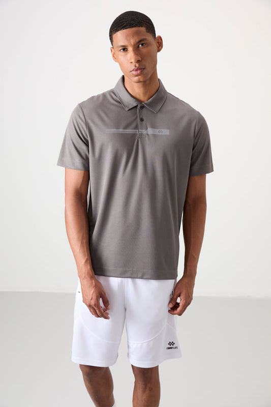 Dark Grey Polyester Breathable Textured Thin Flexible Standard Fit Polo Collar Men's Performance T-Shirt - 88393
