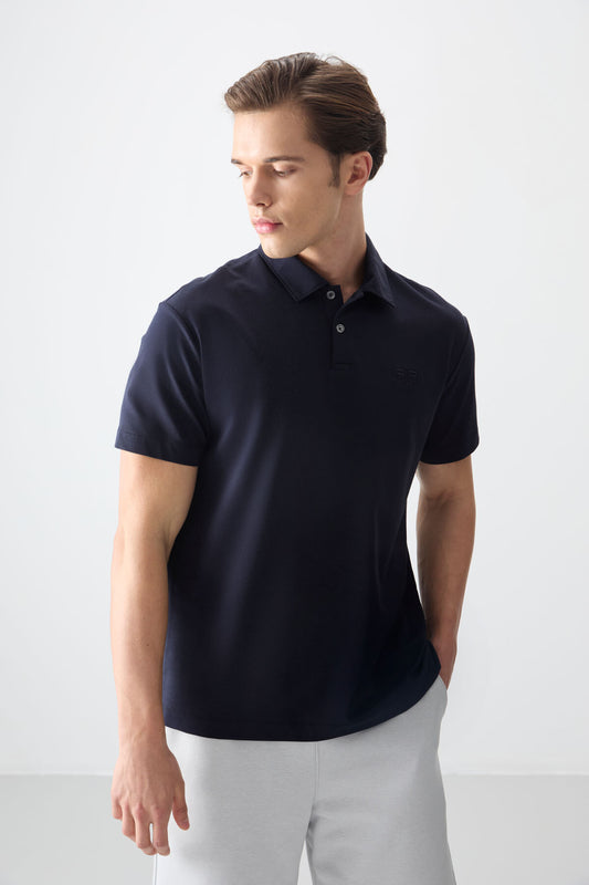 Navy Blue Cotton Thick Soft Textured Polo Collar Oversize Fit Basic Men's T-Shirt - 88381