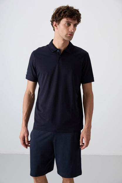 Navy Blue Cotton Thick Soft Textured Standard Fit Basic Polo Collar Men's T-Shirt - 88351
