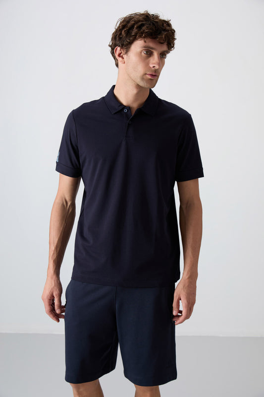 Navy Blue Cotton Thick Soft Textured Standard Fit Basic Polo Collar Men's T-Shirt - 88351