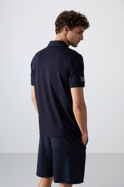 Navy Blue Cotton Thick Soft Textured Standard Fit Basic Polo Collar Men's T-Shirt - 88351