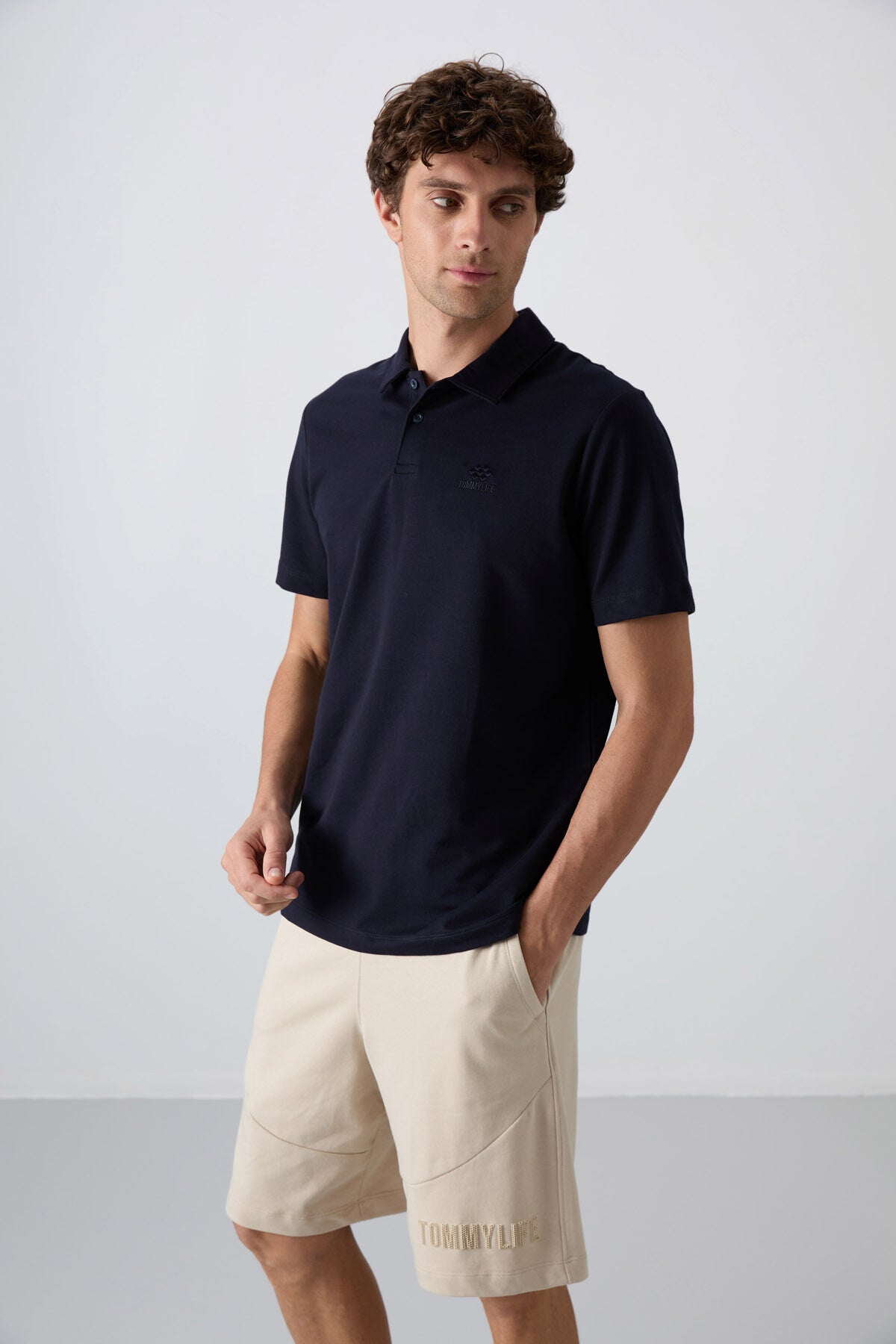 Navy Blue Cotton Thick Soft Textured Standard Fit Basic Polo Collar Men's T-Shirt - 88348