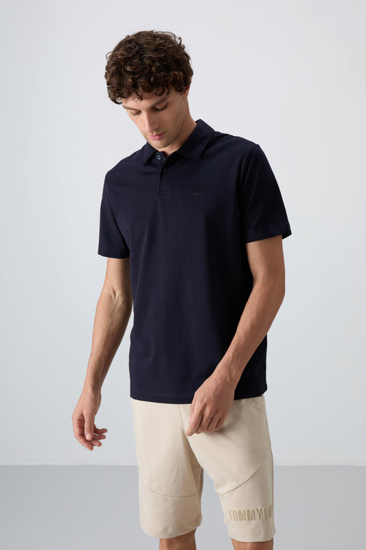 Navy Blue Cotton Thick Soft Textured Standard Fit Basic Polo Collar Men's T-Shirt - 88348
