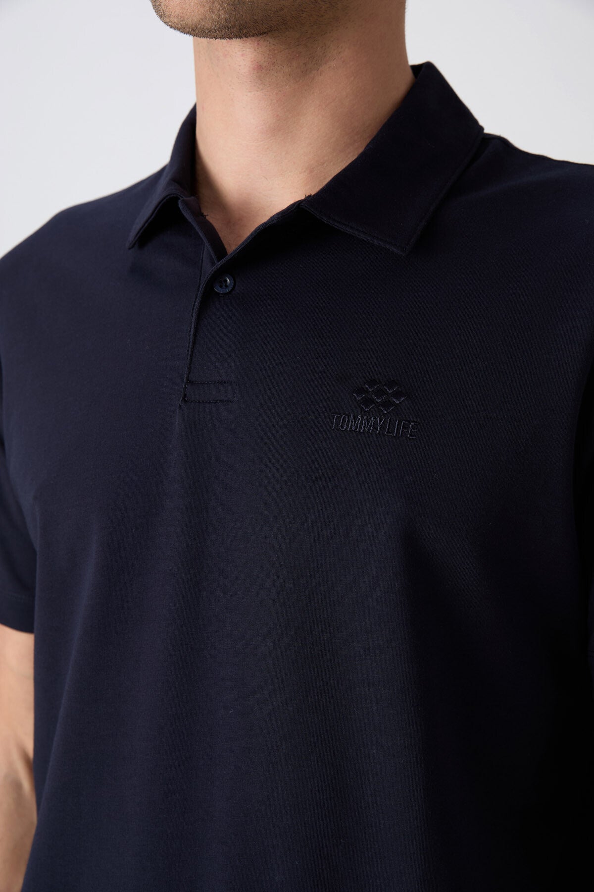 Navy Blue Cotton Thick Soft Textured Standard Fit Basic Polo Collar Men's T-Shirt - 88348