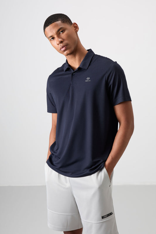 Navy Blue Logo Printed Standard Fit Polo Collar Active Sport Men's T-Shirt - 88252