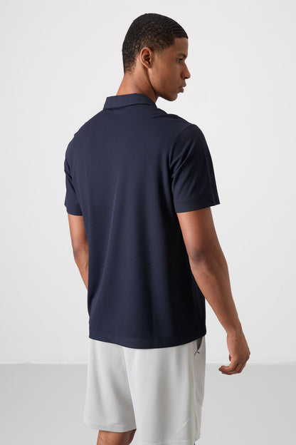 Navy Blue Logo Printed Standard Fit Polo Collar Active Sport Men's T-Shirt - 88252