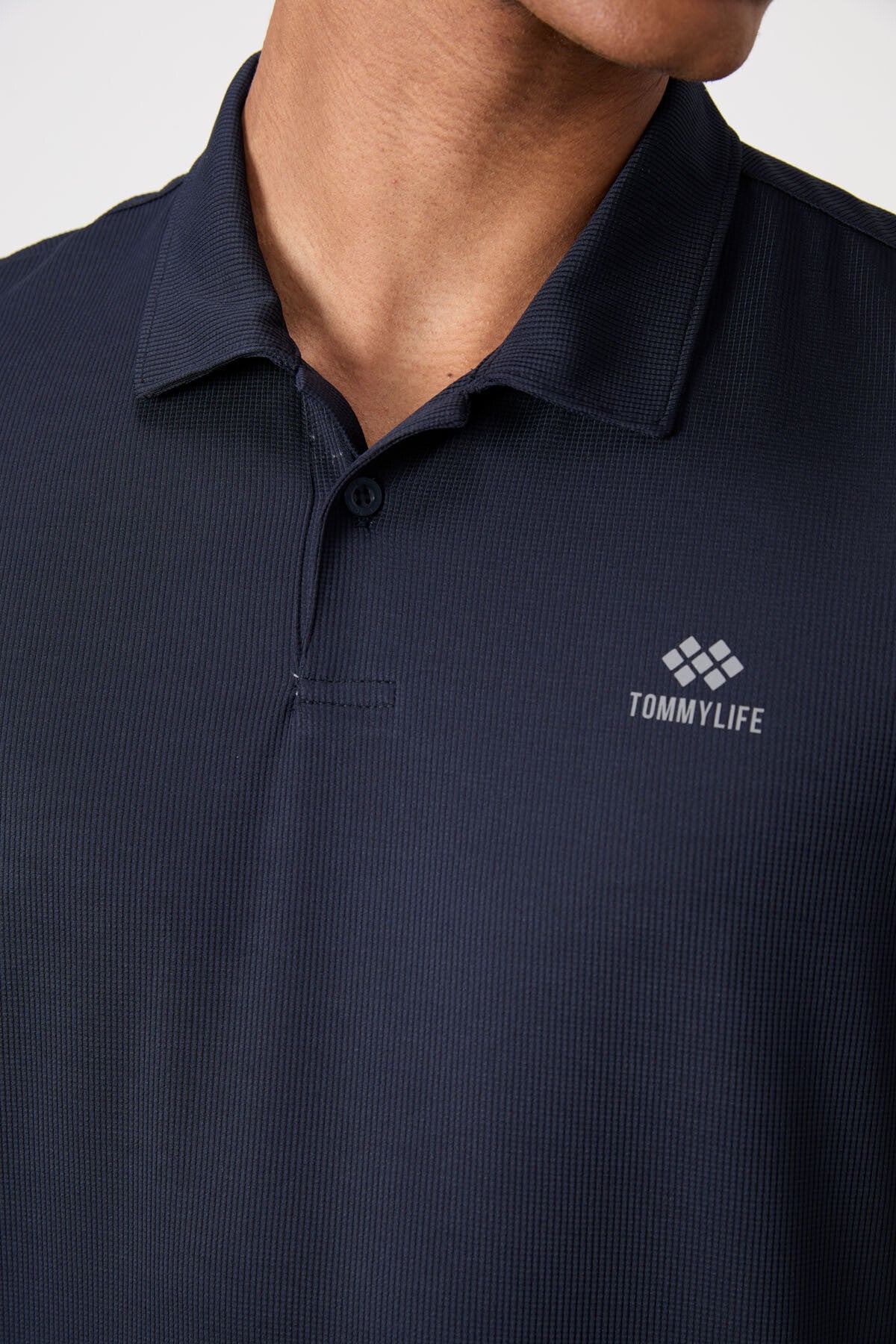 Navy Blue Logo Printed Standard Fit Polo Collar Active Sport Men's T-Shirt - 88252