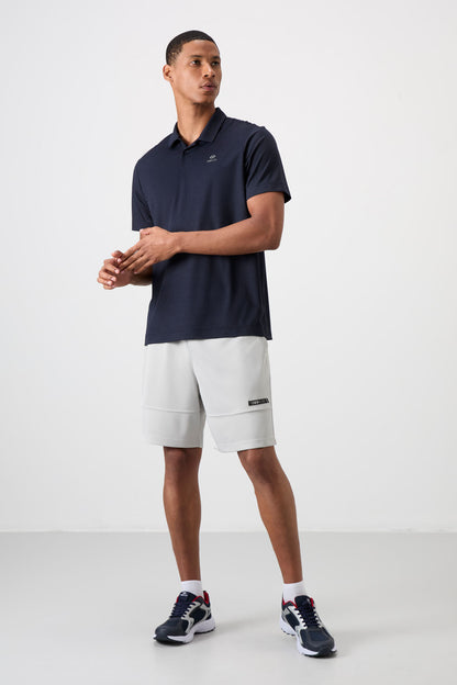 Navy Blue Logo Printed Standard Fit Polo Collar Active Sport Men's T-Shirt - 88252