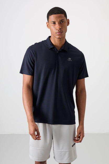 Navy Blue Logo Printed Standard Fit Polo Collar Active Sport Men's T-Shirt - 88252