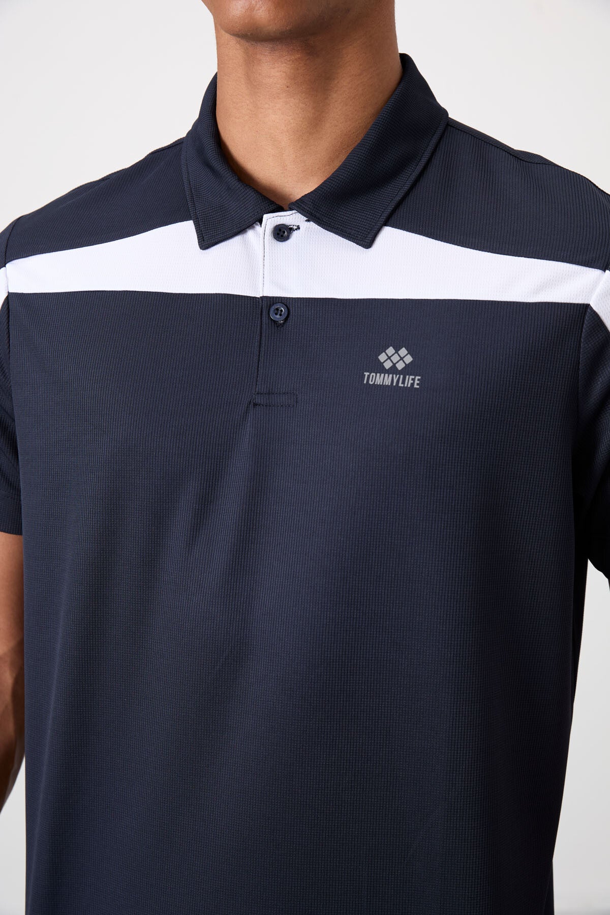 Navy Blue Polyester Breathable Textured Thin Flexible Standard Fit Polo Collar Men's Performance T-Shirt - 88392