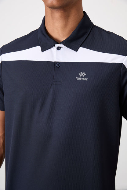 Navy Blue Polyester Breathable Textured Thin Flexible Standard Fit Polo Collar Men's Performance T-Shirt - 88392