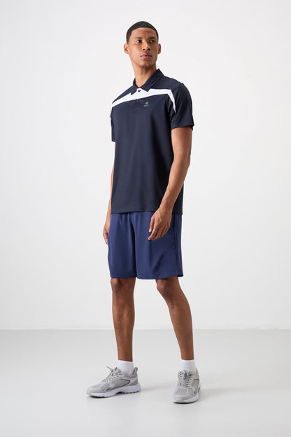 Navy Blue Polyester Breathable Textured Thin Flexible Standard Fit Polo Collar Men's Performance T-Shirt - 88392