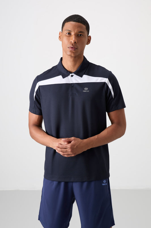 Navy Blue Polyester Breathable Textured Thin Flexible Standard Fit Polo Collar Men's Performance T-Shirt - 88392